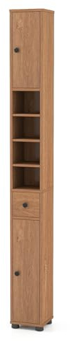 COSTWAY Mobile Bagno Alto Stretto, Mobiletto Colonna Salvaspazio con 1 Cassetto, 5 Ripiani Regolabili e Struttura Antiscivolo, Mobile a Terra per Ingresso, 20 x 20 x 180 cm(4 Ripiani, Naturale)