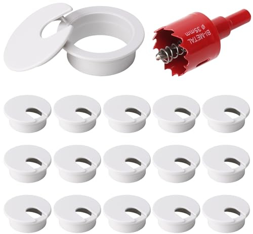 Luabueb 16 Piezas Pasacables de Mesa Ø35mm Plástico Blanco | Tapa Pasacables de Escritorio Redondos con Sierra de Perforación para Cable de Mesa de Oficina y Hogar