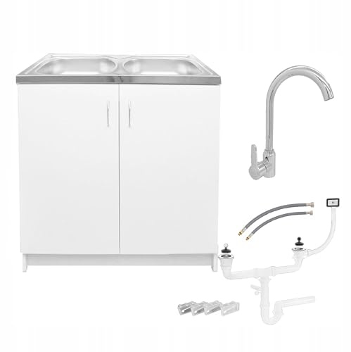 Stamar Möbel Spüle mit Unterschrank 80 cm Weiß Küchenspüle 2-Kammer & Edelstahl-Spülbecken kompakter Spülenunterschrank für Küche, Standschrank 49 cm Tiefe Siphon Montagefertig