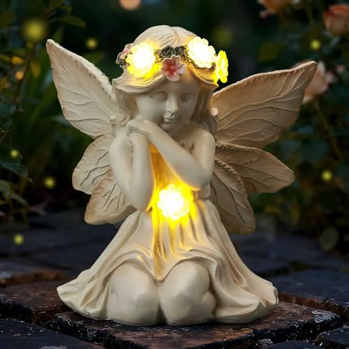 IDEA SHOW Solar Engel Gartenfigur mit LED-Licht, Gebetsengel Solarleuchte mit leuchtendem Blumenkranz, wetterfeste Gartendeko & Grabdeko für Friedhof, Garten, Terrasse & Rasen