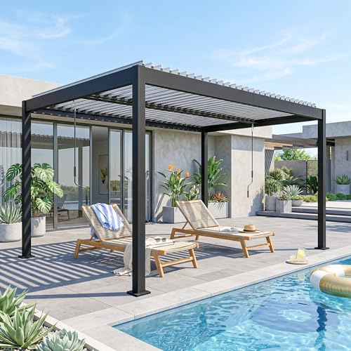 Outsunny Pergola Bioclimatique 4x3m, Pergola de Jardin en Aluminium à Toit Louvred Ajustable avec Manivelle, Tonnelle de Jardin Abri Terrasse, Protection Soleil, pour Jardin Extérieur, Blanc