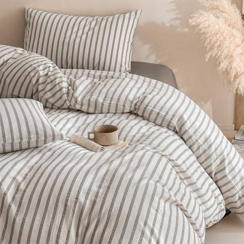 Covebett Bettwäsche 135x200 Baumwolle Grau Weiß Gestreift Bettwäsche-Sets | Renforcé Baumwollbettwäsche, Streifen, Geometrisch, Landhausstil, Bettbezug Set 2teilig, 1 Kissenbezug 80x80, Reißverschluss