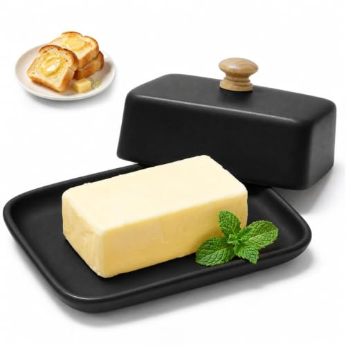 Beurrier en céramique avec couvercle, 250 g, en porcelaine, protection contre la poussière et les arômes, passe au lave-vaisselle, au micro-ondes et au four (noir)