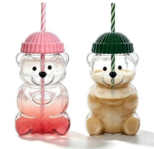 2 bicchieri con cannuccia, 600 ml, in vetro borosilicato di alta qualità, con coperchio, design carino, per casa, ufficio o in viaggio, rosa e verde