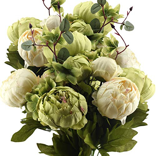FiveSeasonStuff Artificial Peony Bouquets, 2 Cream Beige & Moss Green Silk Flower Bundles for Wedding Centerpieces & Home Decor – Vintage Peonies