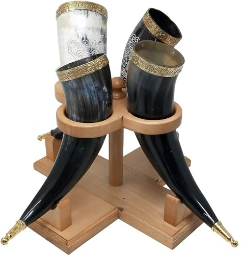 Galaxy Indiacraft Viking drinking mug, handmade, natural ox horn, mug for ale, beer, mead, wine, 30.5 cm, 100% leak-proof, with a beautiful wooden stand, set of 4