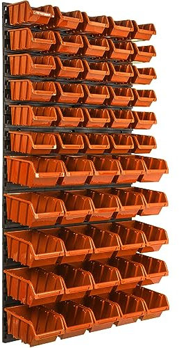 Etagere murale 55 bacs a bec oranges, panneau murale 58 x 117 cm Etagere empilable pour garage, atelier, banc de travail, systeme de rangement modulable, fixer au mur