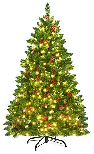 COSTWAY 135/200cm Künstlicher Weihnachtsbaum mit warmweißer LEDs, Tannenbaum mit Metallständer & Tannenzapfen & rote Beeren, Christbaum PVC Nadeln, Kunstbaum Weihnachten Klappsystem, grün (135cm)