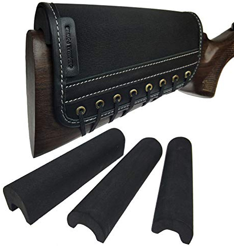 Tas Trost Appui-Joue de Crosse en Cuir, Coussin de Rehausse et Protection de Crosse Ajustable pour Chasse et Tir Sportif (Noir avec Coussinets EVA)