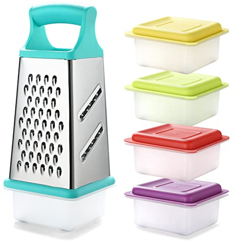 Marco Almond® KYA57B Box Grater,Stainless Steel Grater with 4 Sides,Slicer 5 Piece Set, Potato,Cheese,Cucumber,Salad Vegetables Graters Peelers, Turquoise