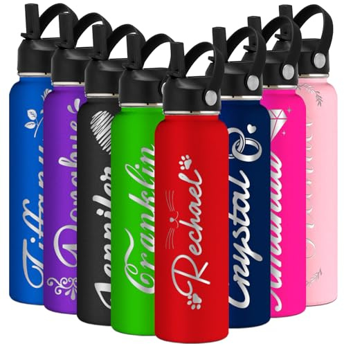 Individuell Gravierte Wasserflasche Isoliert mit Strohhalm - Personalisierte Edelstahl-Sportflasche mit Namen und Strohhalm-Deckel für Männer und Frauen