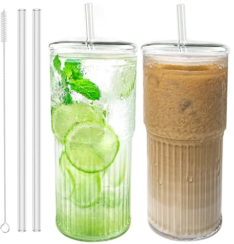 Luiaiog Glass Cups with Lids and Glass Straws, High Borosilicate 20OZ Tumblers (2Pcs) for Coffee, Tea, Juice, Smoothies, Hot/Cold Drinks at Home, Office