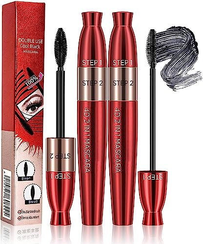 4D-Verlängerungs Curling Mascara, 2-in-1 Schwarz Mascara mit zwei Köpfen, wasserfeste Wimperntusche aus Seidenfaser Wimperntusche, nicht verschmierende, dauerhafte Curling-Mascara