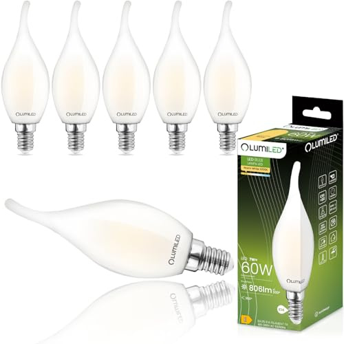 Lumiled BA35 E14 LED Lampe 6 Stück Set 7W (ersetzt 60W) 806lm milchig Filament Glas Leuchtmittel Kerzenform Windstoß 3000K Warmweiß Birne Lampen 360° Abstrahlwinkel Glühbirnen Kerzenlampe