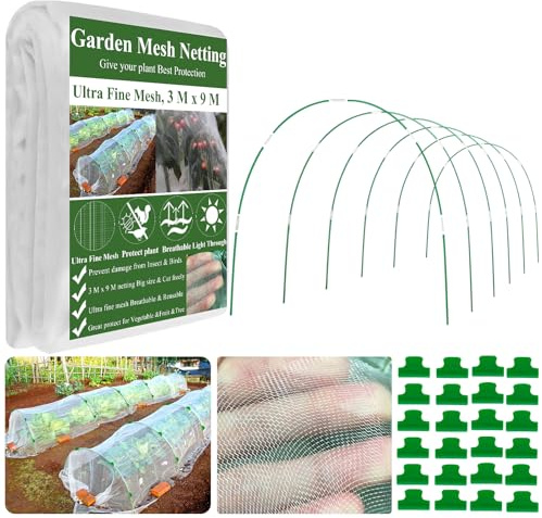 Garden Mesh Netting Hoops Kit,3 x 9M Ultra Fine Netting & 6 Sets Fiberglass Garden Hoops & 24 clip-Greenhouse Hoop Kit for Raised Bed Row Cover Plants Fruit Birds Animal Barrier Protection Net