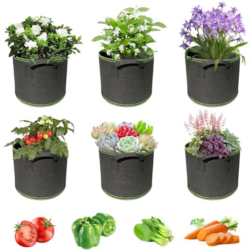KBIBCK 5 Gallon Grow Bags, 6-Pack Plant Grow Bags, Non Woven Fabric Plant Pots, Garden GrowBags with Handles,Heavy Duty Breathable Vegetable PlanterBags,GrowBags for Potatoes Tomatoes Flower Fruits