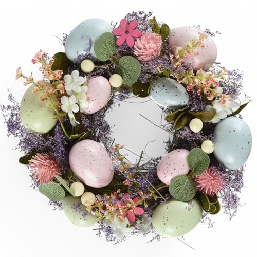 MIJOMA Osterkranz 23 cm – Frühlingskranz mit künstlichen Blüten & Eiern – Türkranz für Ostern & Frühling – Dekokranz für Wand, Tisch & Haustür (Pastellzauber)