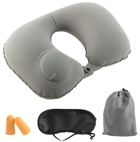 Almohada Viaje Hinchable, Prensa de Doble Cara Cojin Viaje Cuello con Máscara para Los Ojos y Tapones de Oído Compacto de Viaje Cuello Almohadas Cuello Cojín para Tren, Coche, Oficina (Gris)