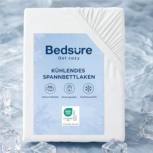 Bedsure kühlendes Spannbettlaken kühlende Bettlaken - 140x200cm+40cm, Weiß