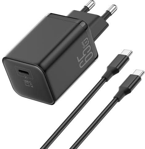 Cargador de 65W para MacBook, Carga Rápida USB C GAN II PD3.0 Cargador Portátil Compacto Compatible para iPhone 17/17Pro/16/15, para Ordenador Portátil, para Samsung con Cable Trezado de 2metros