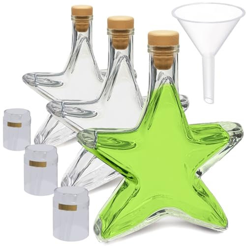 Geniess-Bar! 5 Sternflaschen 200ml leere Glasflaschen zum selbst Befüllen mit Zubehör Trichter Korken Kapseln zum Versiegeln Sterne Geschenkflaschen Weihnachtsflaschen