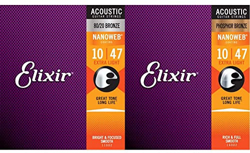 Elixir® 11002 Saiten 80/20 Bronze Akustik-Gitarrensaiten mit NANOWEB® Beschichtung, Extra Light & 16002 Saiten Phosphor Bronze Akustik-Gitarrensaiten mit NANOWEB Beschichtung, Extra Light