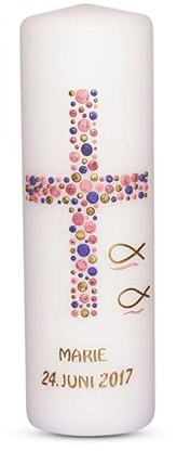 Taufkerze Kommunionkerze Mädchen Junge mit Name und Datum 25x8cm mm Taufe Kerze Kreuz-Kreise-2 Flieder Rosa Gold
