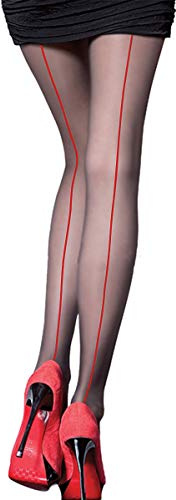 Abberrki Womens Sexy Back Seam Tights Sheer Pantyhose with Backseam (Black # Red Seam)
