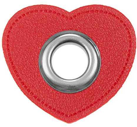 Ösen Patches Herzen – 2 Stück – Lederimitat zum Aufnähen – 5 Farben – für Kordeln, Taschen, Turnbeutel, Kleidung – Patch mit Metallöse – DIY Nähzubehör für Deko & Accessoires (rot)