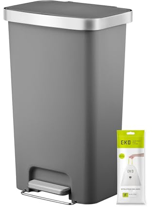 EKO Hana Pedal Bin 45L, Pedal Bins with Built-In Wheels, Rubbish Bin For Kitchen with Soft Close and Stay Close Lid, Grey