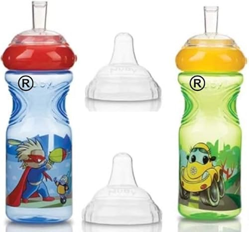 2 x Nuby 300ml Sports Sipper, Non Spill, Soft Leakproof Spout & BPA Free - Juice Drink Bottle, Beaker, Container for Toddlers, Children, Kids (9m+) (Blue + Green)