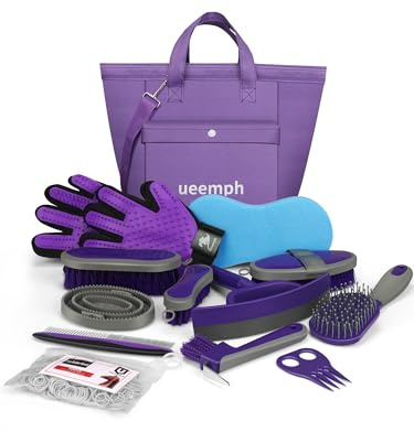 Ueemph Horse Grooming Kit (12-Piece): Brushes, Storage Bag, Sweat Scraper, Mane Comb, Grooming Gloves - Purple Horse Gifts for Girls
