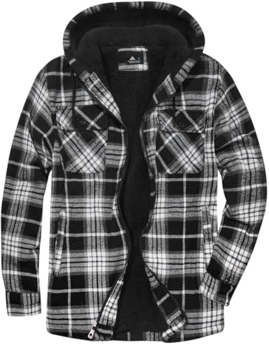 JACKETOWN Veste Polaire Homme Avec Capuche Chemise En Flanelle à Carreaux Veste Mi-Saison Chaude Doublée Manteau Décontracté Avec Poches Idéale Pour L’automne Et L’hiver