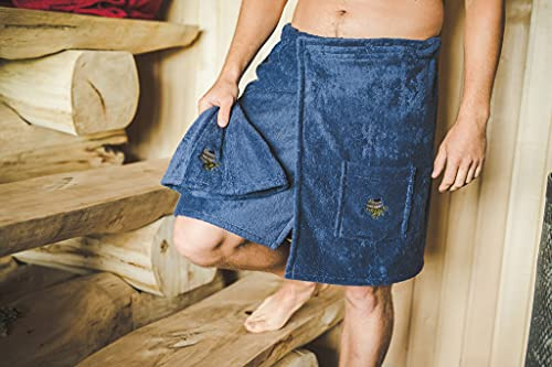 Ger3as bastuhandduk för män, bastuhandduk med elastiskt band och S–XXL med kardborreband, 100 % bomull frotté, bastusarong, snabbtorkande (blå)
