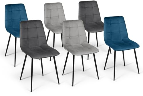 IDMarket - Lot de 6 chaises Mila en Velours Mix Color Bleu x2, Gris foncé x2, Gris Clair x2