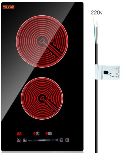 VEVOR Piano cottura elettrico integrato, 30,5 cm, 2 bruciatori, piano cottura radiante in vetro da 240 V con sensore touch, timer e blocco bambini inclusi, 9 livelli di potenza per cuocere a vapore