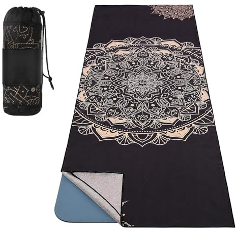 MoKo Serviette de Yoga, Tapis de Yoga Antidérapant et à Séchage Rapide avec Coins de Fixation, Couverture de Yoga Souple avec Motif d'impression pour Différents Exercices de Yoga, Noir d'or