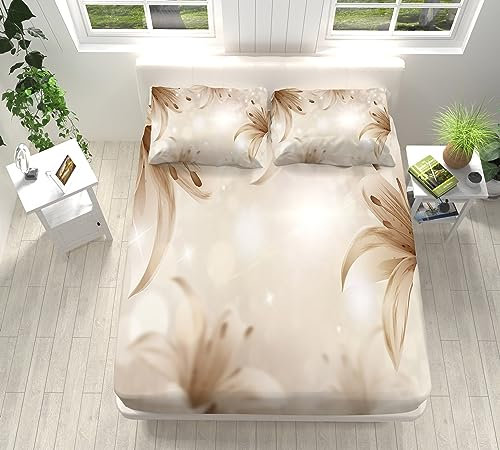 Kinder Jungen Mädchen Bettlaken Set Spannbettlaken 180x200 cm Weiches Atmungsaktiv Spannbetttücher Champagner-Tulpen Muster Tiefe Tasche 30 cm Bettwäsche mit 2 Kissenbezügen 80x80 cm