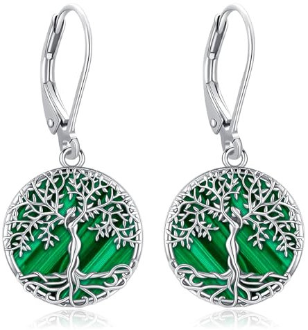 Eusense Pendientes Árbol de la Vida Plata de Ley 925 con Malaquita Pendientes Colgantes Joyería Regalo para Mujer Niña