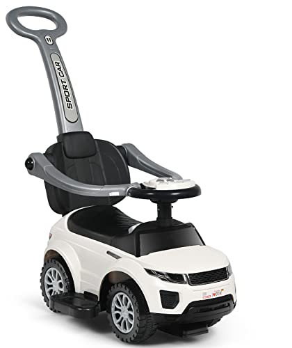 COSTWAY 3 in 1 Ride on Push Along Car, Baby Foot to Floor Slider with Parent Handle, Horn, Music, Lights, Storage Compartment, Toddler Sliding Walker for Boys Girls (White)