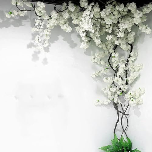 Quepiem Japanischer Künstlicher Kirschblütenbaum Wunschbaum Innendekoration Großer Kirschbaum und Rattan-Design – für die Dekoration von Innendecken, Klimaanlagenrohren(White)