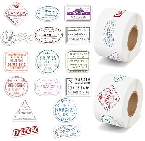 H1vojoxo Reisepass-Stempel-Aufkleber-Rollen – dekorative Mini-Vintage-Reise-Aufkleber für Gepäck, 16 Länder, Retro-Reisepass-Stempel, Aufkleber für Erwachsene, Laptops, Koffer, Scrapbook, 1000 Stück