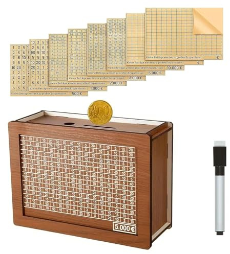 Salvadanaio In Legno Con 8 Diversi Adesivi Target e 1 Pennarello,Salvadanaio Con Contatore,Salvadanaio Riutilizzabile,Con Numeri Per 500 1000 2000 3000 5000 10000 Per Adulti e Bambini