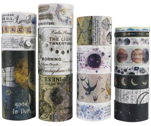 Vintage Retro Washi Tape Set,18 Rollen bunte Klebebänder im Retro-Stil für Scrapbooking, Bullet Journaling, Dekoration und mehr,2m pro Rolle für Kinder, DIY-Projekte und Geschenkverpackungen(Planet)
