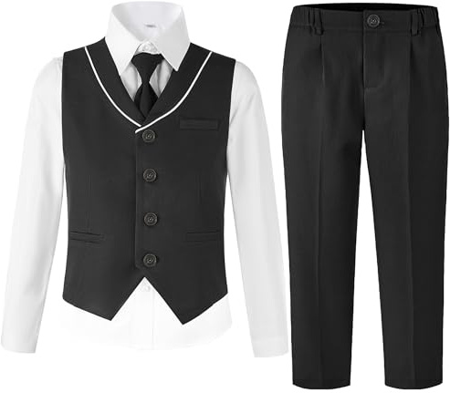 LOLANTA Boys 4 Piece Wedding Suit Set, Page Boy Outfit with V-Neck Waistcoat and Trousers, 2-13 Years