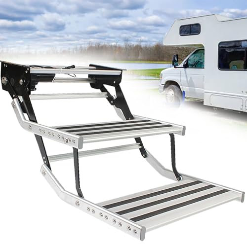 Dfdieratve Marches pour Camping-Car RéGlables et Pliables, Marches Manuelles/éLectriques, 1 Marche/2 Marches, Remorque, Marches pour Camping-Car (la Nuit n'est Pas Sombre),2-Step Electric