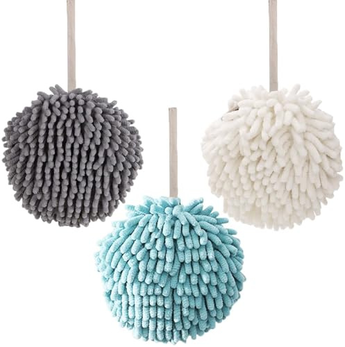 MisFun 3 Pcs Toalla de Mano Absorbente para Colgar de La Mano, Toalla de Felpilla Suave Toallas de Mano para Baño, Juego de Toallas de Mano Multiusos, para Aseo, Cocina Y Baño (Gris+Azul+Blanco)