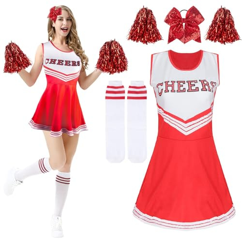 Kitimi Cheerleader Costume Women for Adults, Cheerleadering Outfit Fancy Dress Uniform with Pompoms Hair Scrunchie Socks, High School Cheerleader Costume for Fancy Dress Carnival Party (red, S)