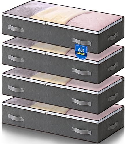 AIOR 4 Stück 60L Unterbettkommode mit Sichtfenster, Faltbare Unterbett-Aufbewahrungstasche Kleideraufbewahrung, Decken Organisator Lagerbehälter, 80x50x15cm