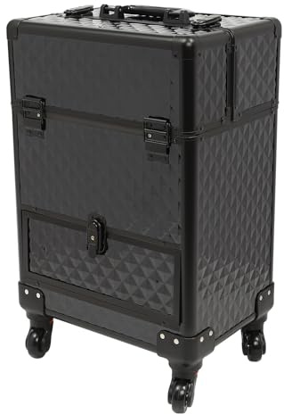 Maletín de maquillaje, maletín de maquillaje, maletín de maquillaje, maletín de peluquería, maletín de uñas, estuche de cosméticos, para estudio y viajes, con 7 compartimentos y 4 ruedas, Negro , 34